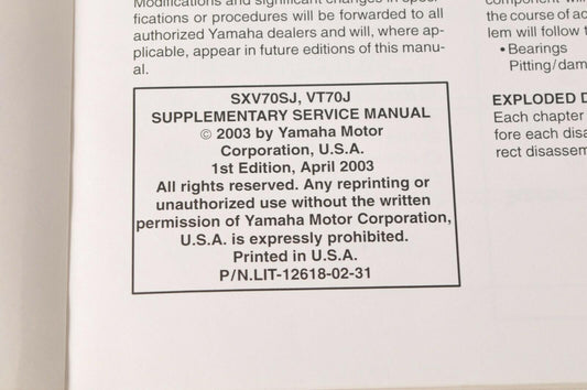 Yamaha Supplementary Service Manual Repair Maintenance Shop | SXV70 VT70 2004