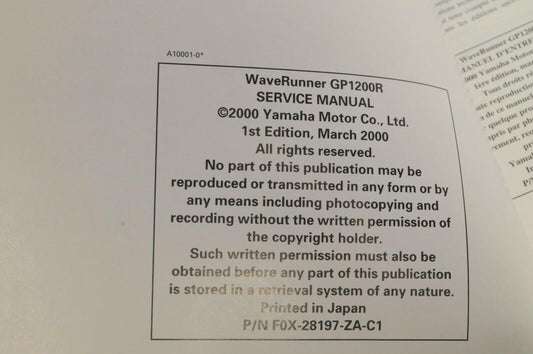 Yamaha Service Shop Manual - WaveRunner GP1200R En/Fr/De/Es | 460060