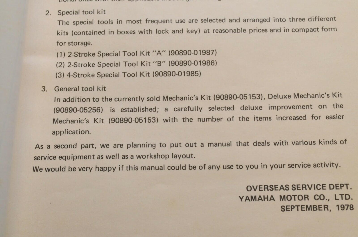 Genuine Yamaha SERVICE SHOP TOOLS EQUIPMENT MANUAL NO.1  1978  90894-T9100