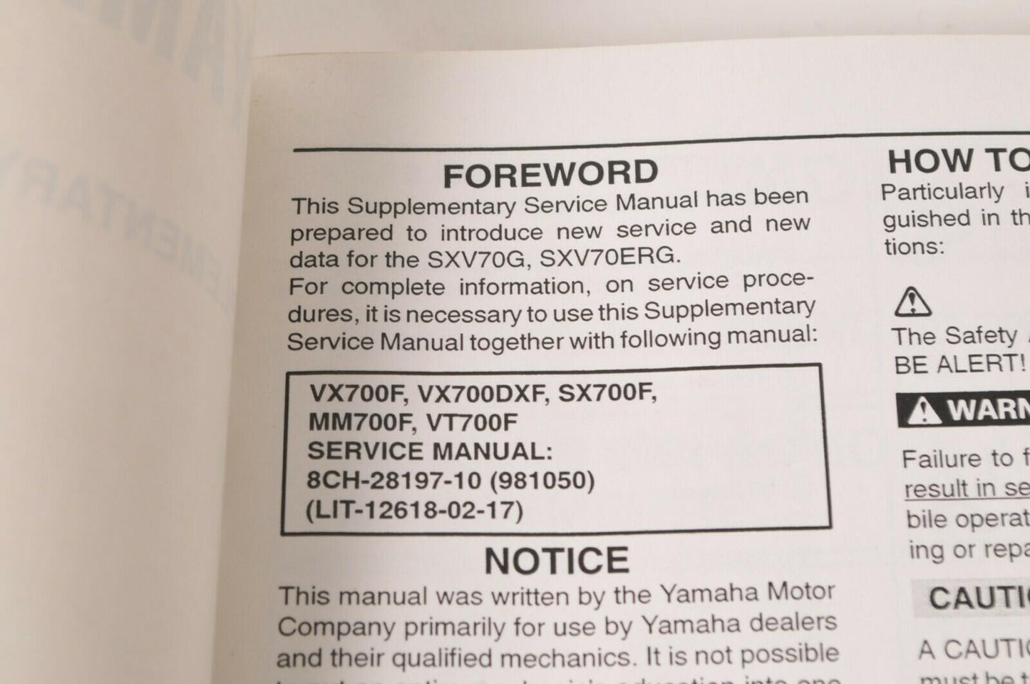 Yamaha Supplementary Service Manual Repair Maintenance Shop | SXV70G 2002