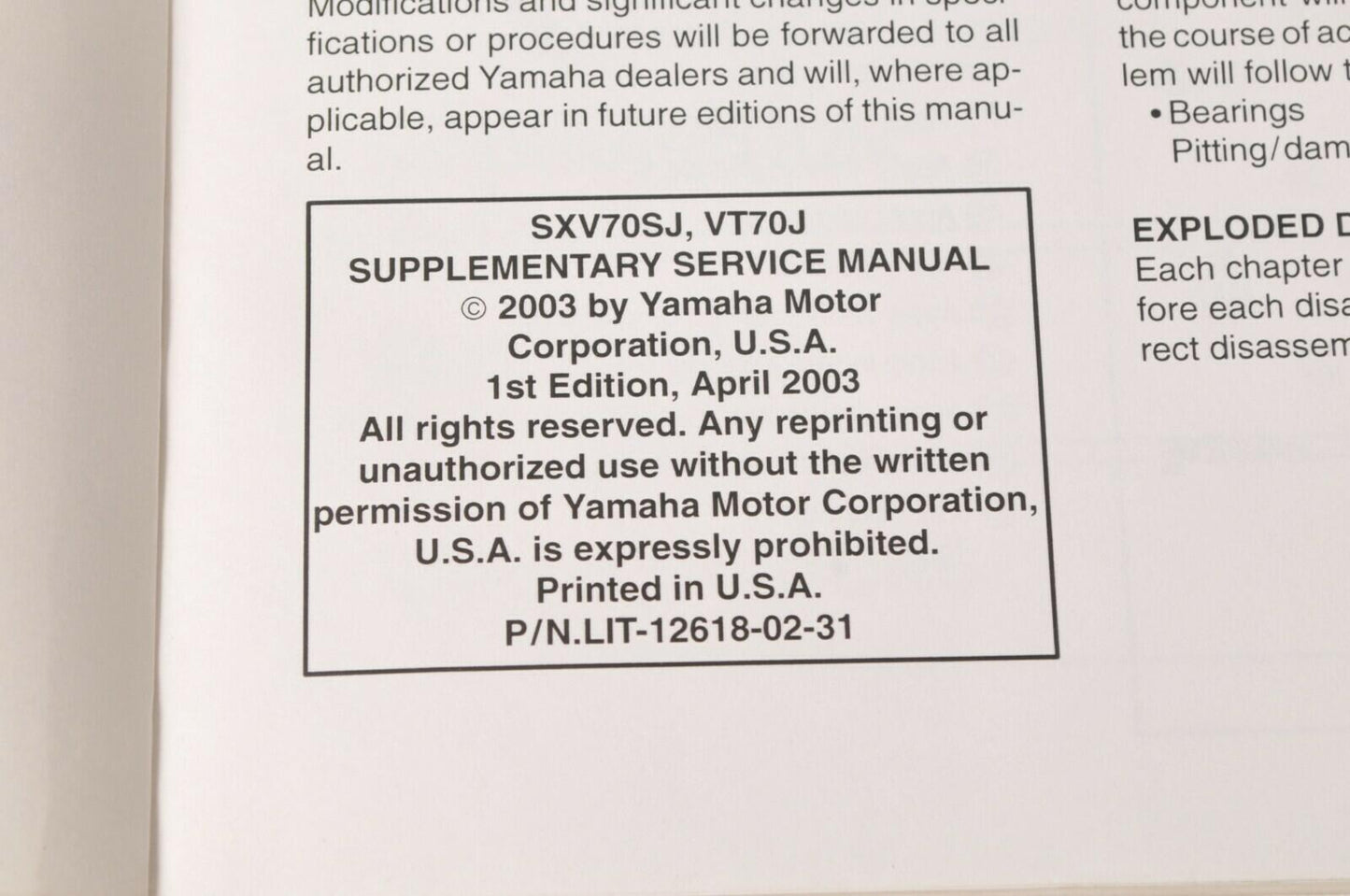 Yamaha Supplementary Service Manual Repair Maintenance Shop | SXV70 VT70 2004