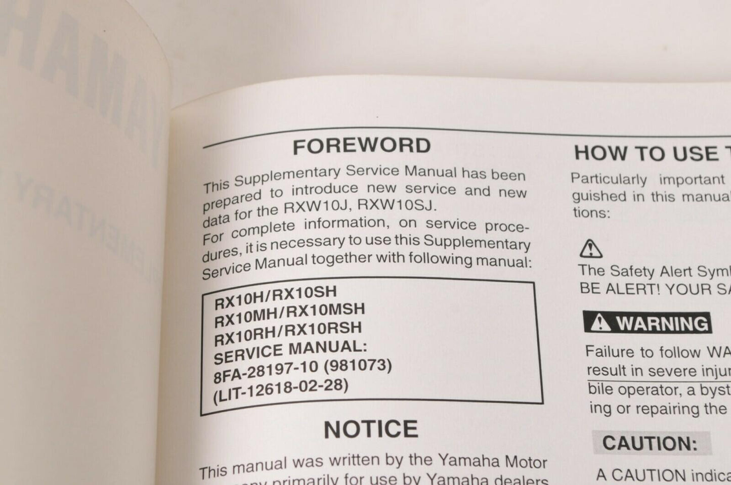 Yamaha Supplementary Service Manual Repair Maintenance Shop | RXW10J 2004