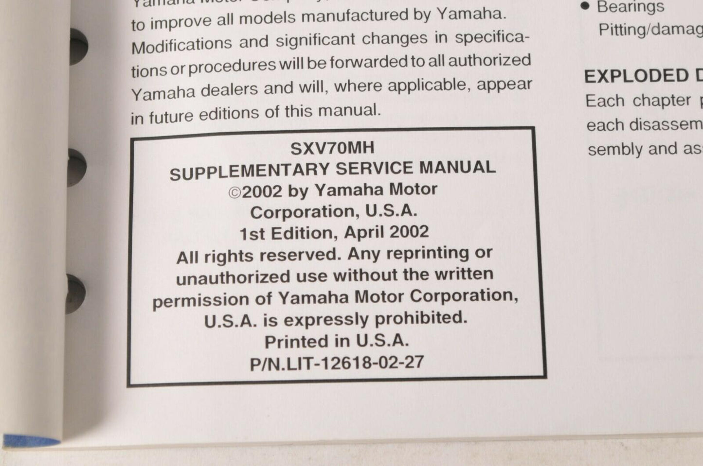 Yamaha Supplementary Service Manual Repair Maintenance Shop | SXV70MH 2003