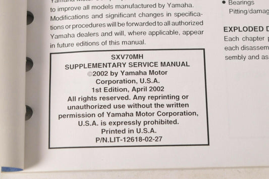 Yamaha Supplementary Service Manual Repair Maintenance Shop | SXV70MH 2003
