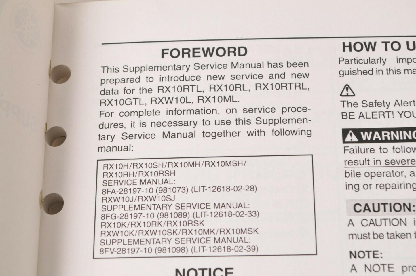 Yamaha Supplementary Service Manual Repair Maintenance Shop | RX10 RX-1 2006