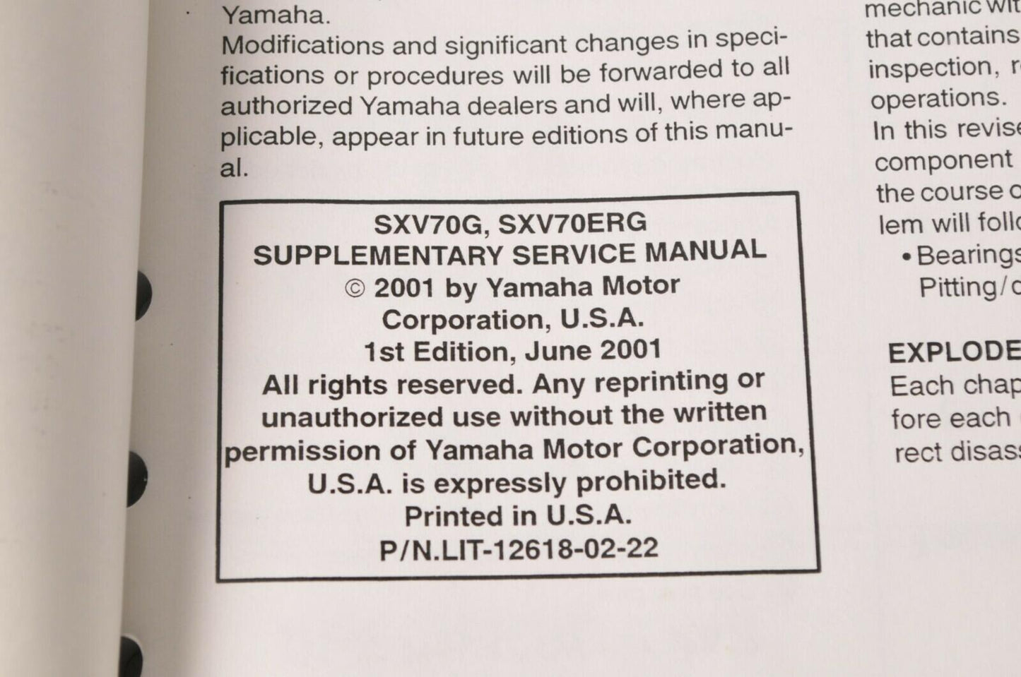 Yamaha Supplementary Service Manual Repair Maintenance Shop | SXV70G 2002