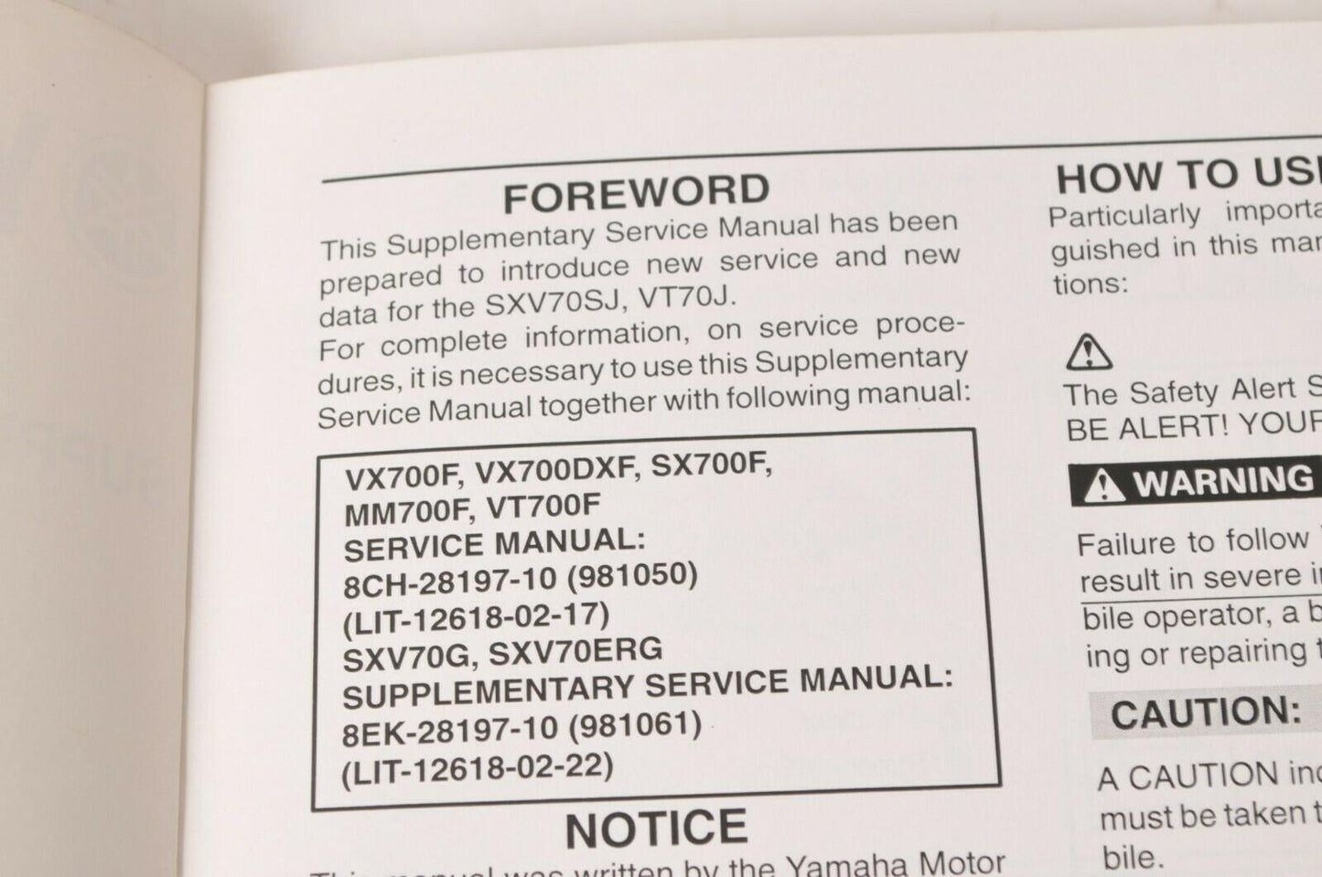 Yamaha Supplementary Service Manual Repair Maintenance Shop | SXV70 VT70 2004