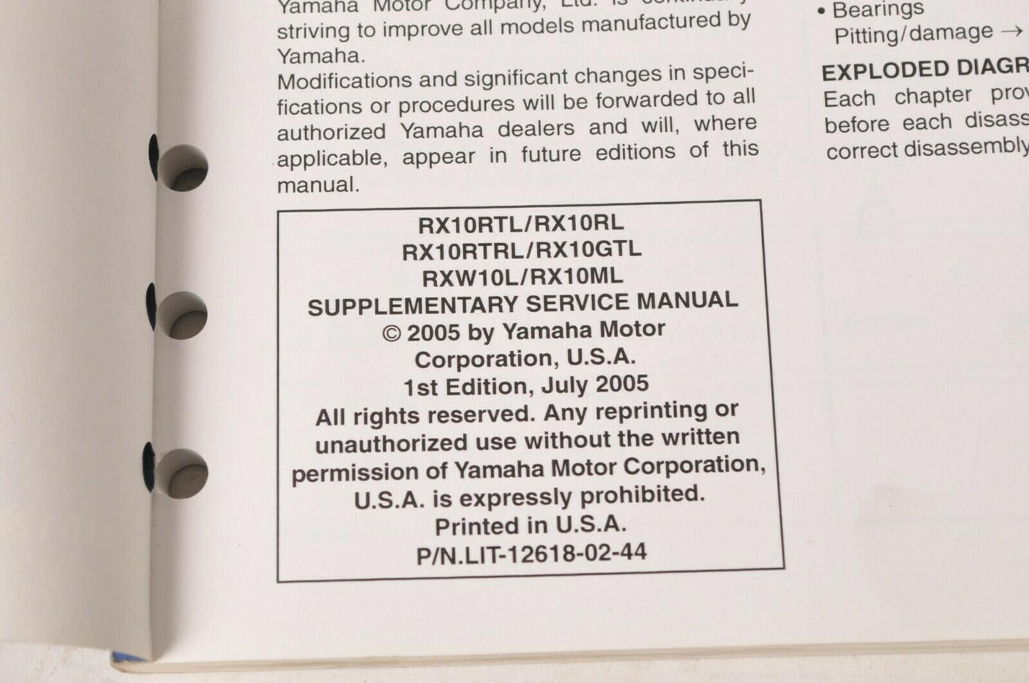 Yamaha Supplementary Service Manual Repair Maintenance Shop | RX10 RX-1 2006