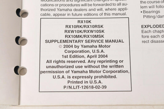 Yamaha Supplementary Service Manual Repair Maintenance Shop | RX-1 RX10 2005