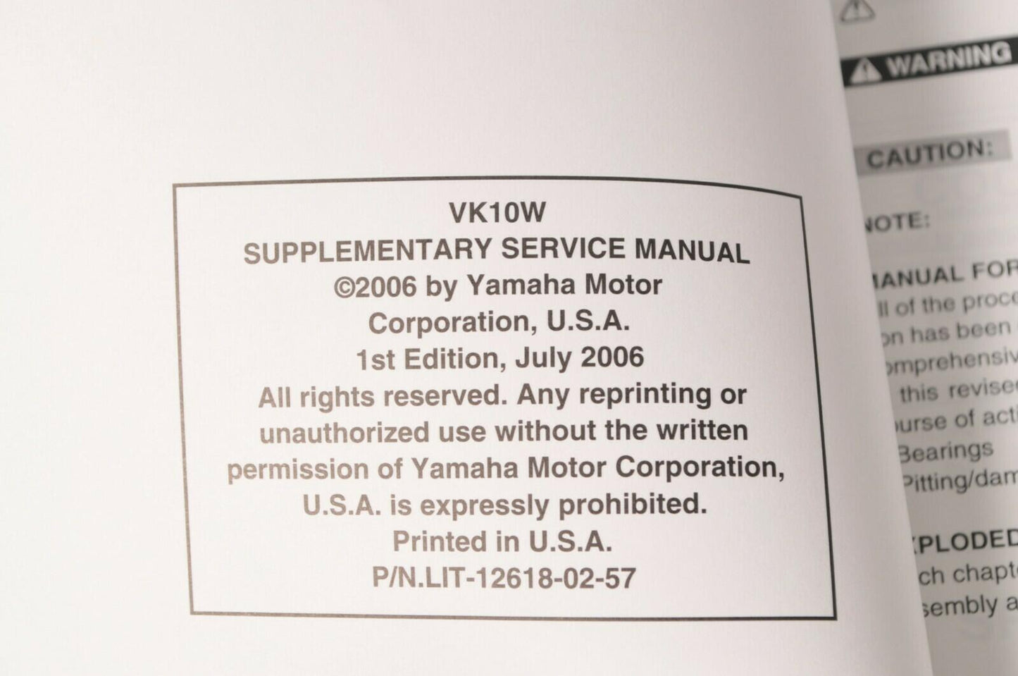 Yamaha Supplementary Service Manual Repair Maintenance Shop | VK10 VK10W 2007