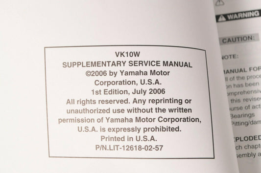 Yamaha Supplementary Service Manual Repair Maintenance Shop | VK10 VK10W 2007