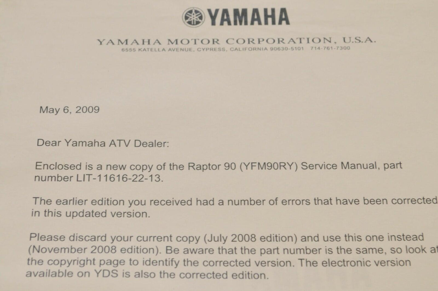 Genuine Yamaha SERVICE SHOP MANUAL LIT-11616-22-13 RAPTOR 90 YFM90RY 2009
