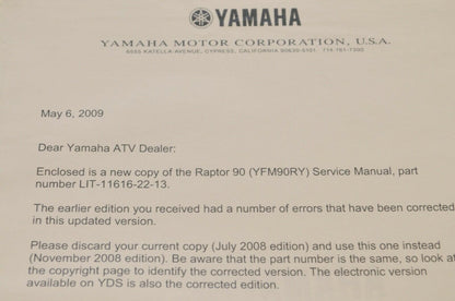 Genuine Yamaha SERVICE SHOP MANUAL LIT-11616-22-13 RAPTOR 90 YFM90RY 2009
